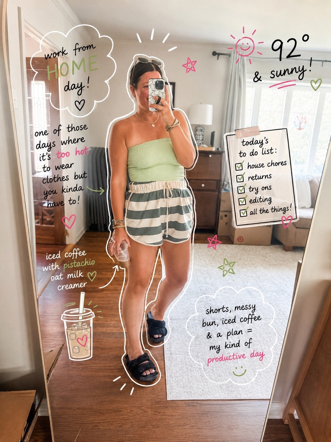 Too hot for real clothes but somehow still trying to look cute ☀️🥵

Work from home days lately = iced coffee with pistachio oat milk creamer, endless try ons, returns piled by the door, editing marathons, house chores, and pretending I have my life together in the comfiest outfit possible 😂

This little matching set is giving “I tried”… without actually trying 👏🏼💚

92° weather calls for breathable fabrics, messy buns, and staying as close to the AC as possible. Who else is surviving summer one iced coffee at a time?
