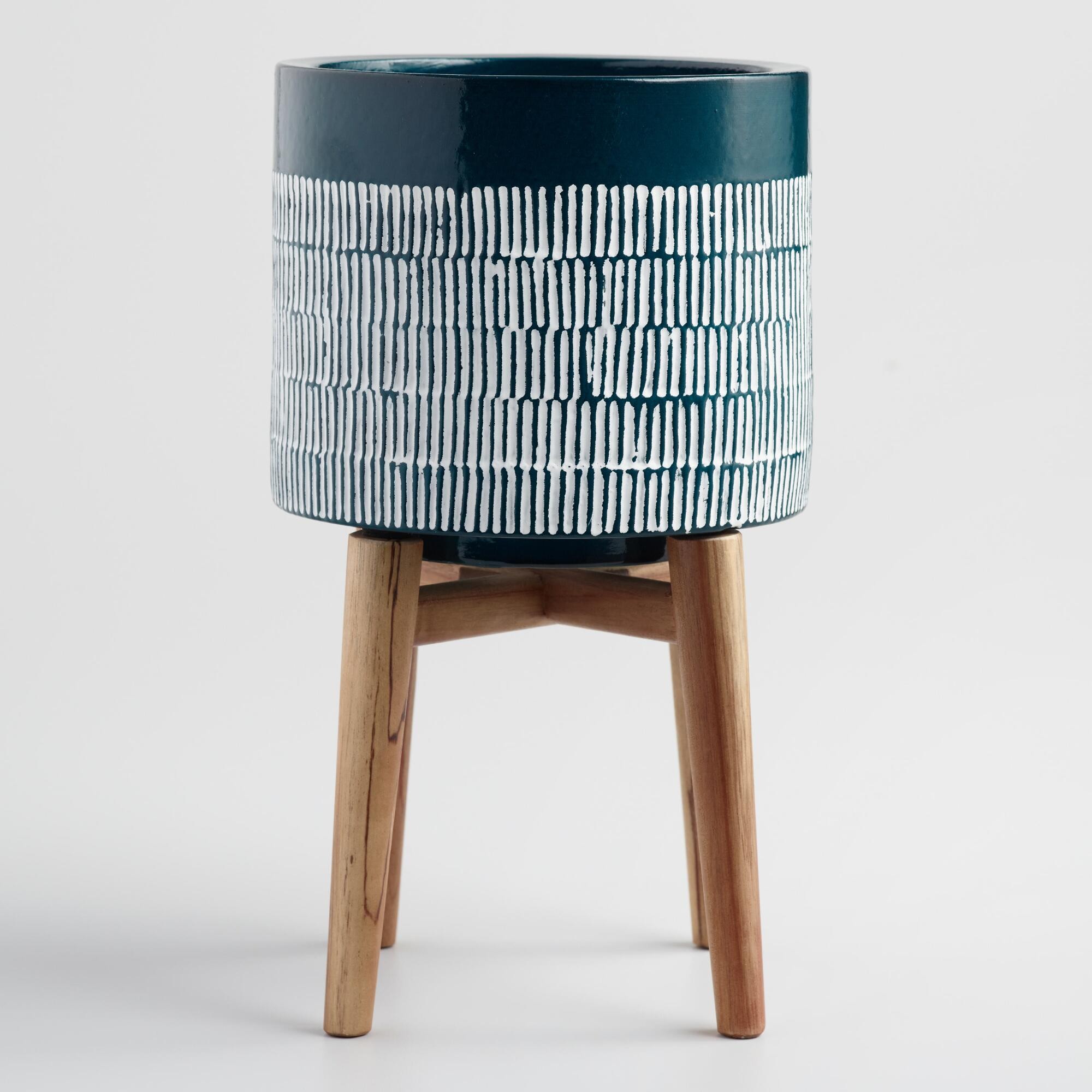 Dark Turquoise Ceramic Planter with Wood Stand: Blue by World Market | World Market