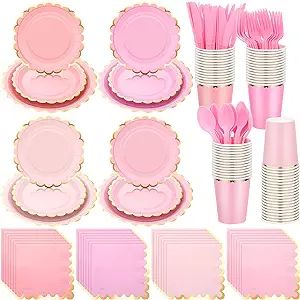 Yaomiao 168 Pcs Disposable Dinnerware Set Party Supplies, Scalloped Paper Plates Cups Napkin with... | Amazon (US)
