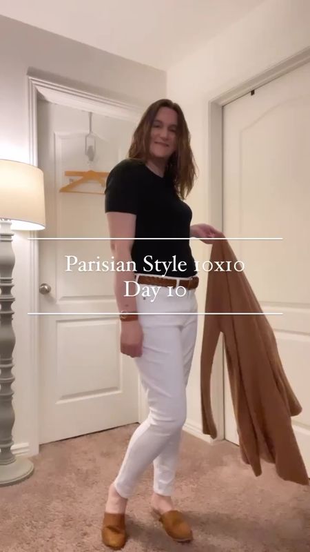 Day Ten of the #parisianstyle10x10 hosted by @brilamberson & @jessica.harumi 

Happy Friday. Today I am wearing my Banana Republic Camel Duster, J.Crew Black t-shirt, and Loft white skinny jean. Shoes and other accessories from Noonday Collection.