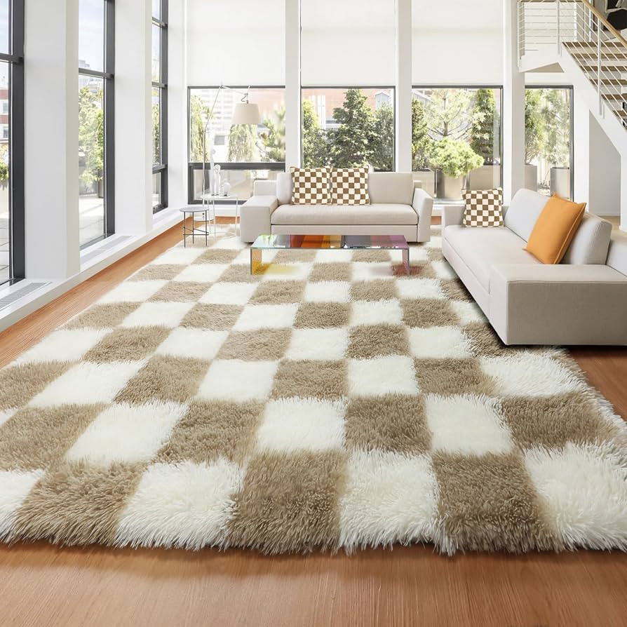 KICMOR Area Rugs 8x10 for Living Room, Large Fluffy Beige and Cream White Checkered Rug Big Fuzzy... | Amazon (US)