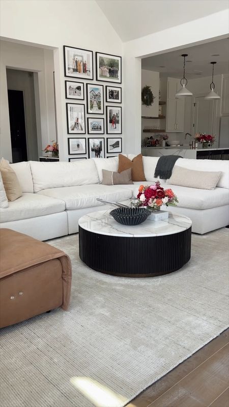 Home decor with white sectional, brown leather recliner, round coffee table, brass hardware, pendant lights and more! Love this refresh for summer 

#LTKStyleTip #LTKHome
