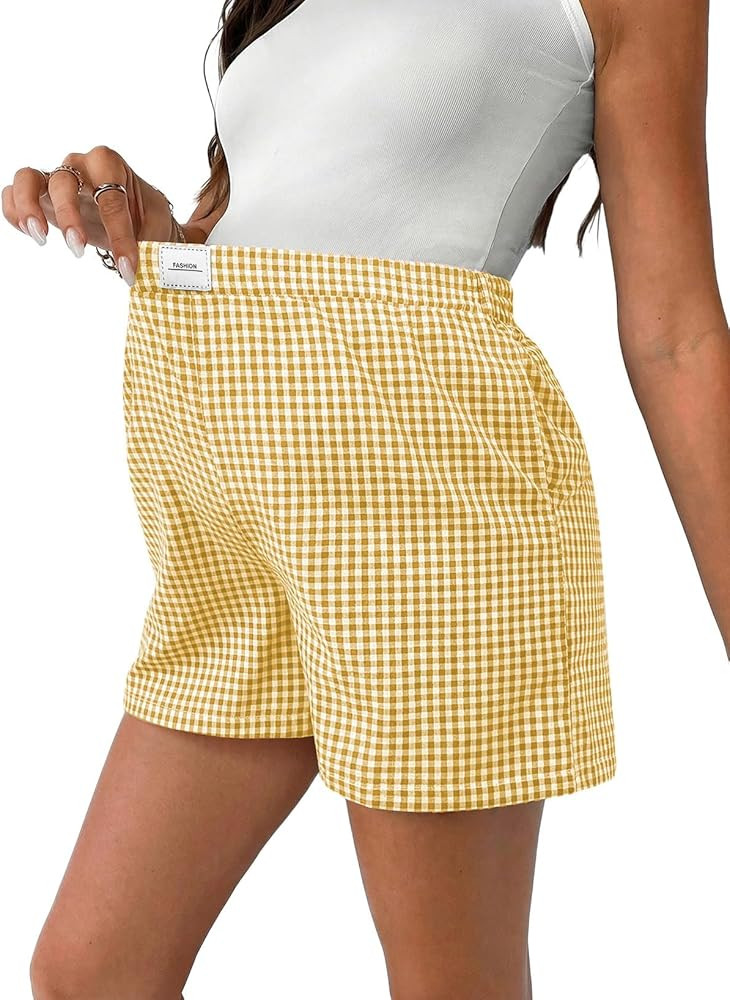 BLENCOT Womens Maternity Shorts Casual Checkered Adjustable Elastic Waist Wide Leg Grid Cotton Pr... | Amazon (US)