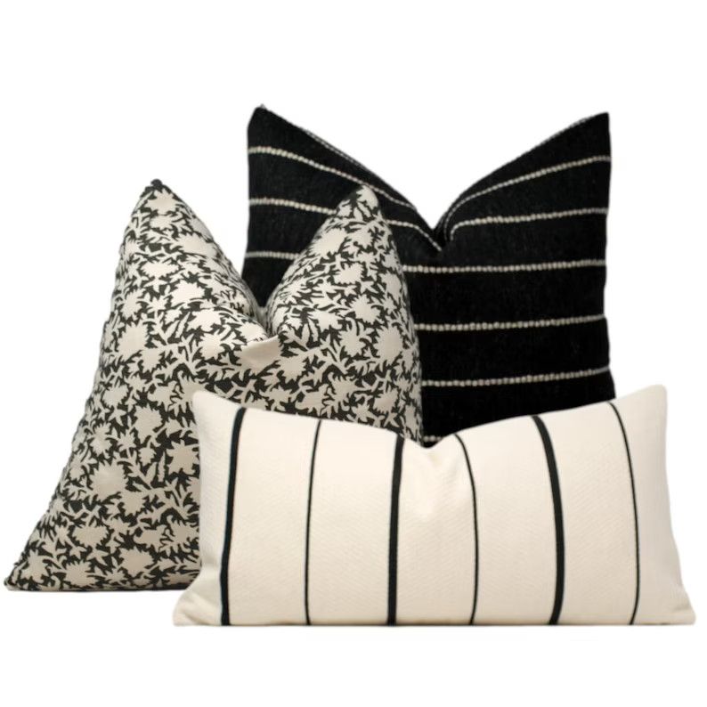 Pillow Combination 118 | Black White Stripe Pillow Cover, Block Print Floral Pillow, Cream White ... | Etsy (US)