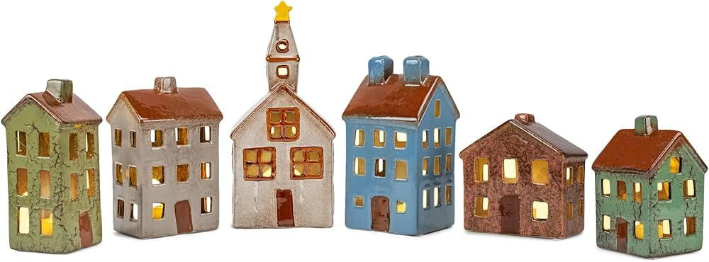 Mark Feldstein & Associates Village Houses and Church LED Tea Light Ceramic Stoneware Figurines 1... | Amazon (US)