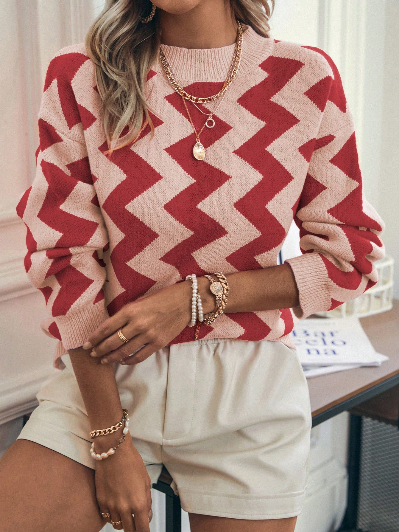 SHEIN LUNE Chevron Pattern Drop Shoulder Sweater | SHEIN