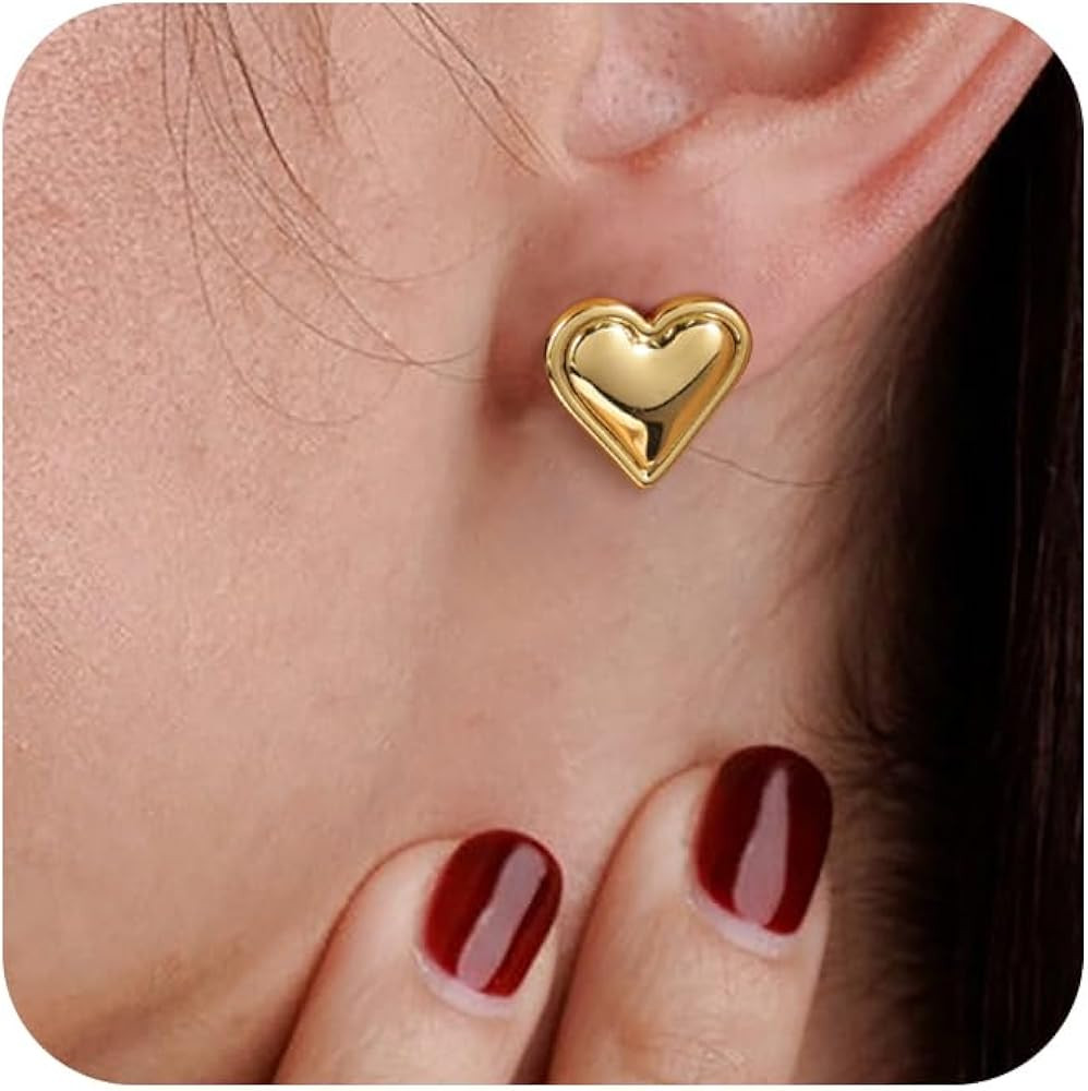 Gold Heart Earrings for Women, Trendy 14K Gold Plated/925 Silver Stud Earrings Cute Love Heart Ea... | Amazon (US)