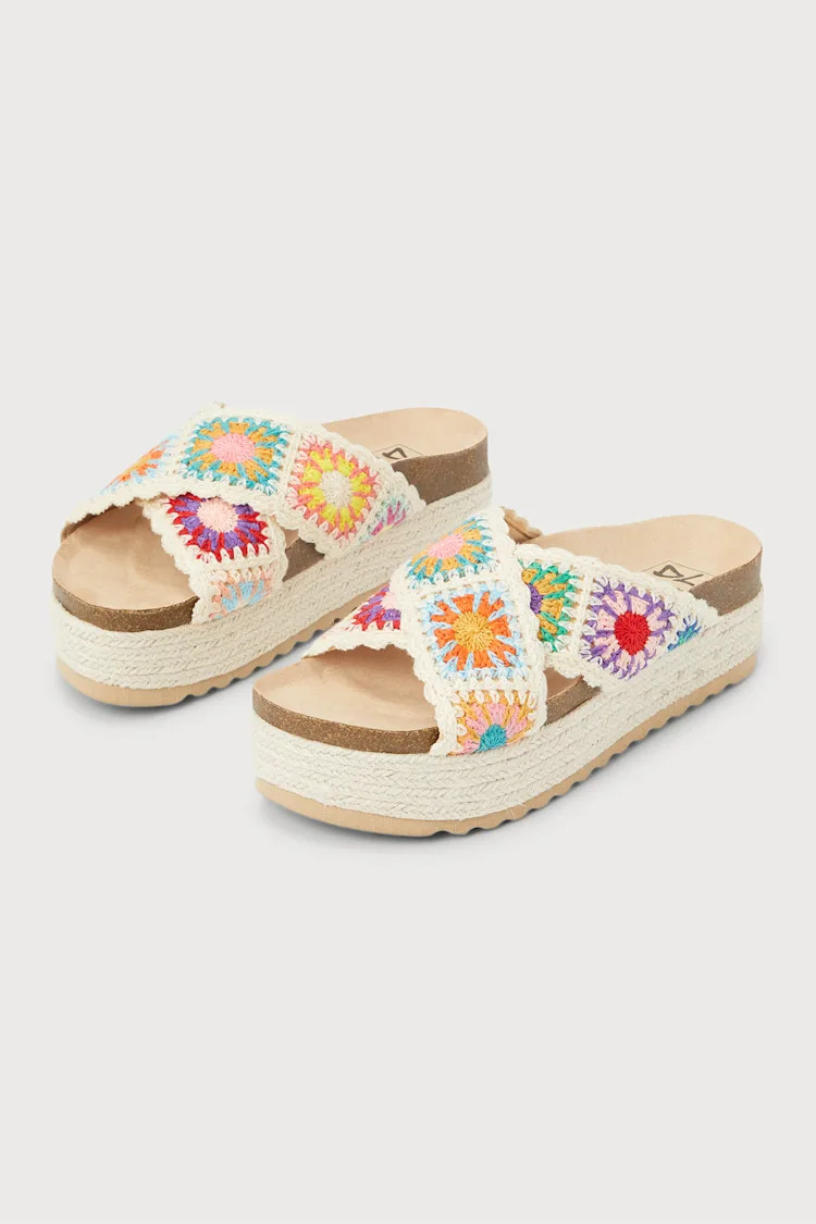Plays Natural Multi Crochet Espadrille Flatform Slide Sandals | Lulus