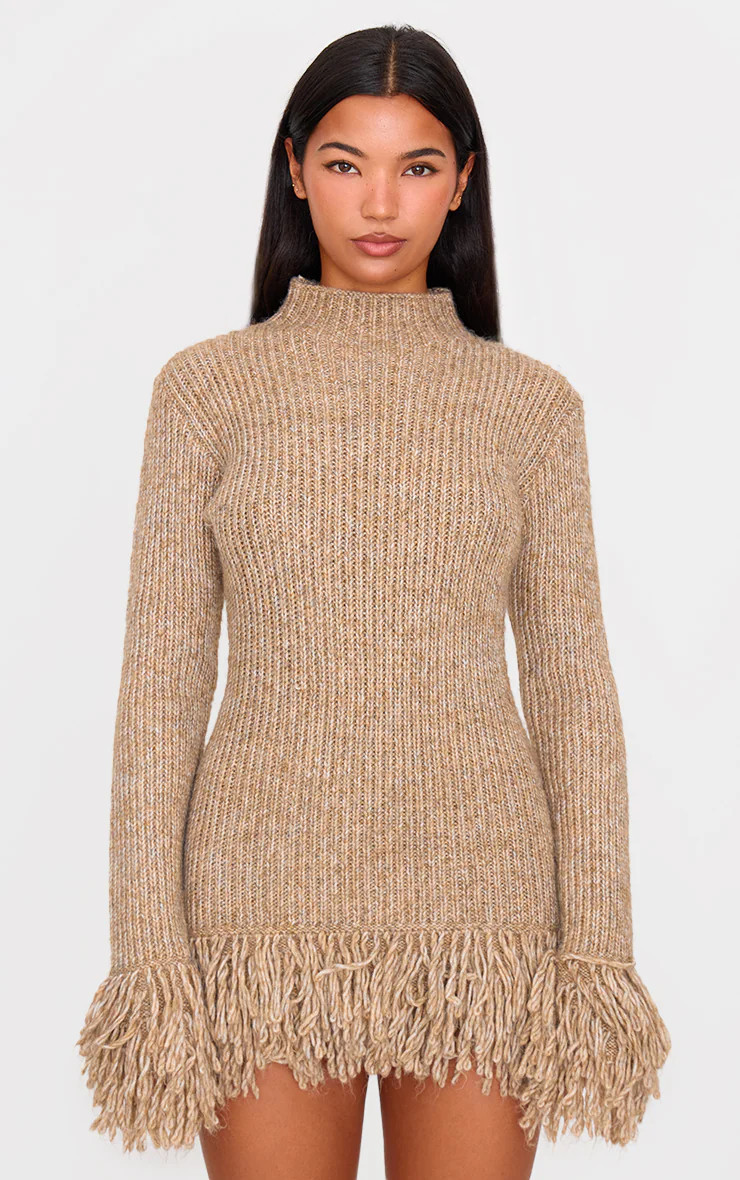 MOCHA CHUNKY KNITTED FRINGE HEM LONG SLEEVE JUMPER DRESS | PrettyLittleThing UK