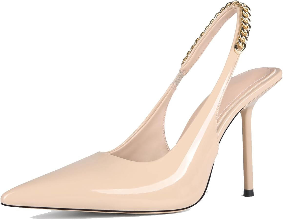 Women's Elegant Nude Patent Leather Open-Back High Heel Sandals With 4-Inch Stiletto Heel And Poi... | Amazon (US)