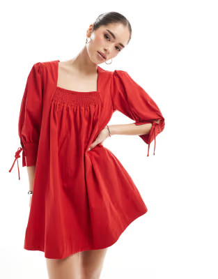 ASOS DESIGN poplin smock babydoll mini dress in red | ASOS (Global)