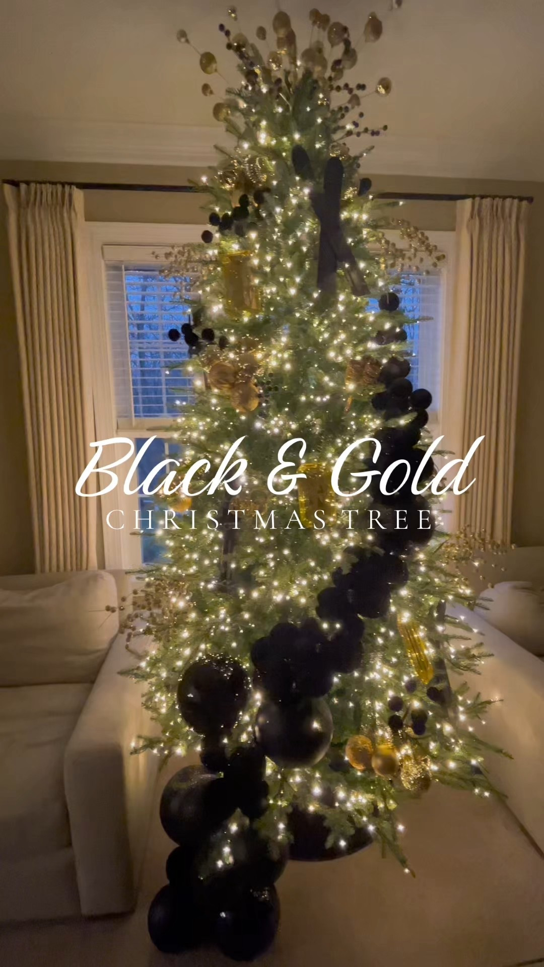 Black and Gold themed Christmas tree - I used oversized ornaments to create an ornament garland and filled in spaces with wooden nutcrackers and skis that I DIY painted black to match  

#LTKHome #LTKSeasonal #LTKHoliday