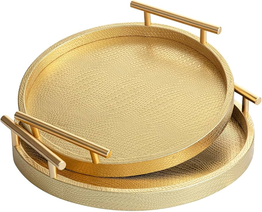 2 Piece Golden Round Serving Tray with Handles, Woven-Texture Faux Leather Ottoman Tray for Livin... | Amazon (US)