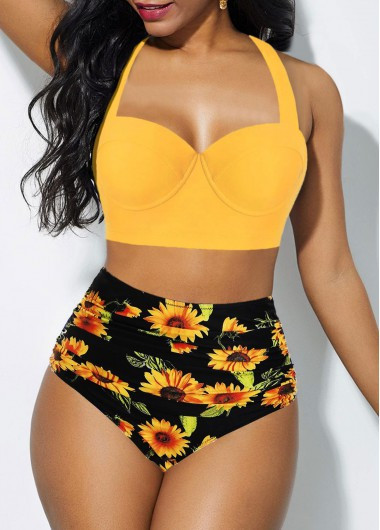 ROTITA High Waist Halter Cutout Back Sunflower Print Bikini Set | Rotita.com - USD $33.98 | rotita.com