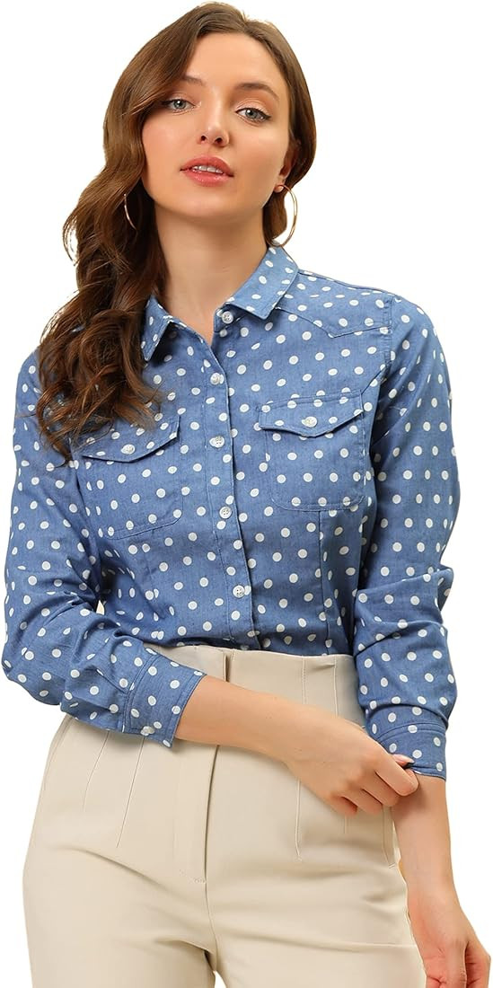 Allegra K Women's Button Down Long Sleeve Point Collar Chambray Poplin Shirt | Amazon (US)