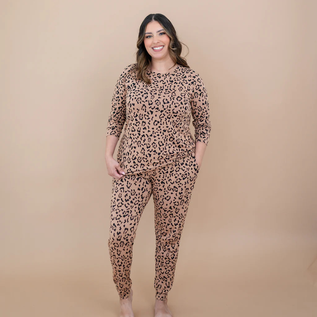 Women's Jogger Pajama Set in Latte Leopard | Kyte Baby