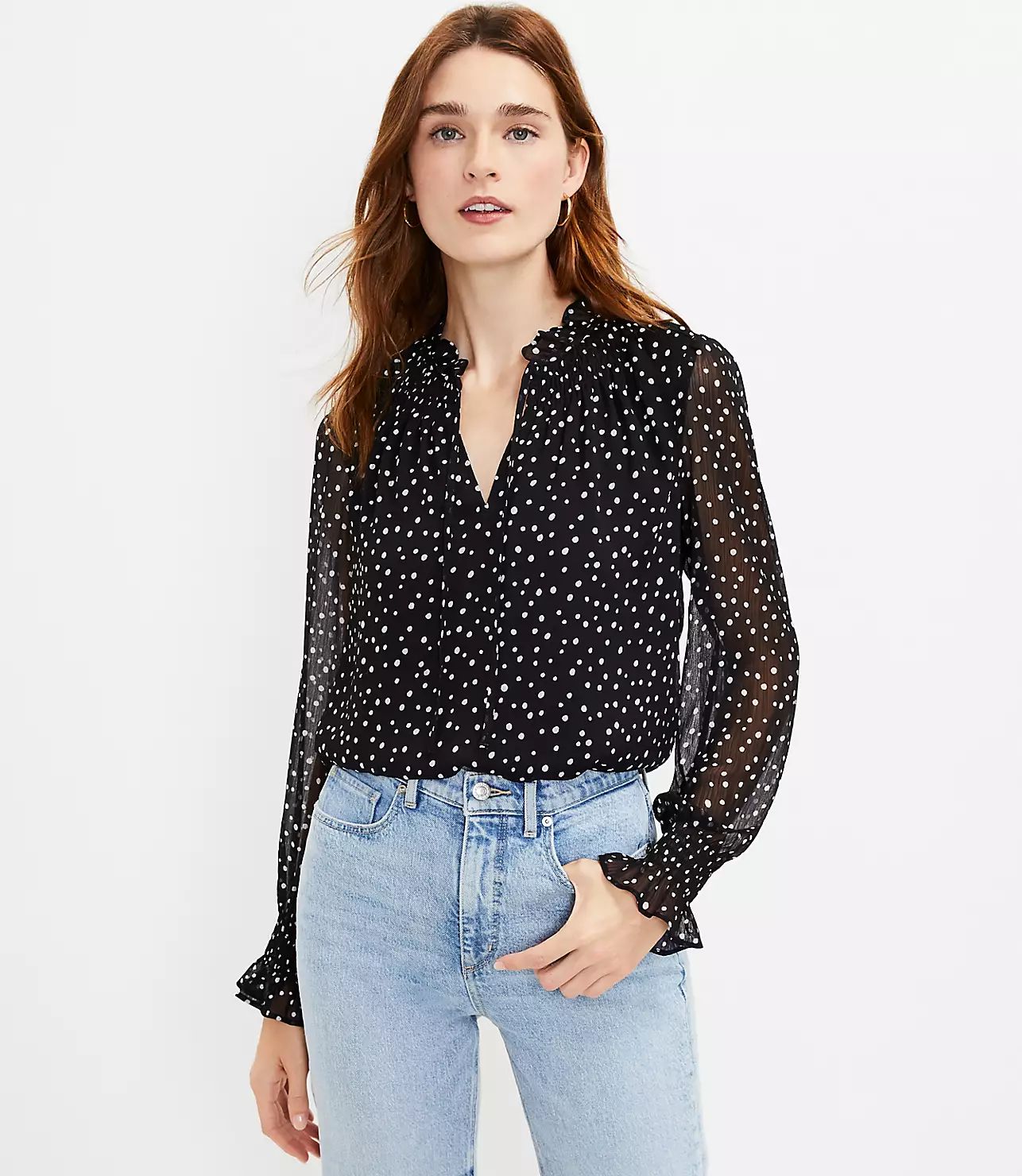 Zoo Dot Smocked Ruffle Tie Neck Blouse | LOFT