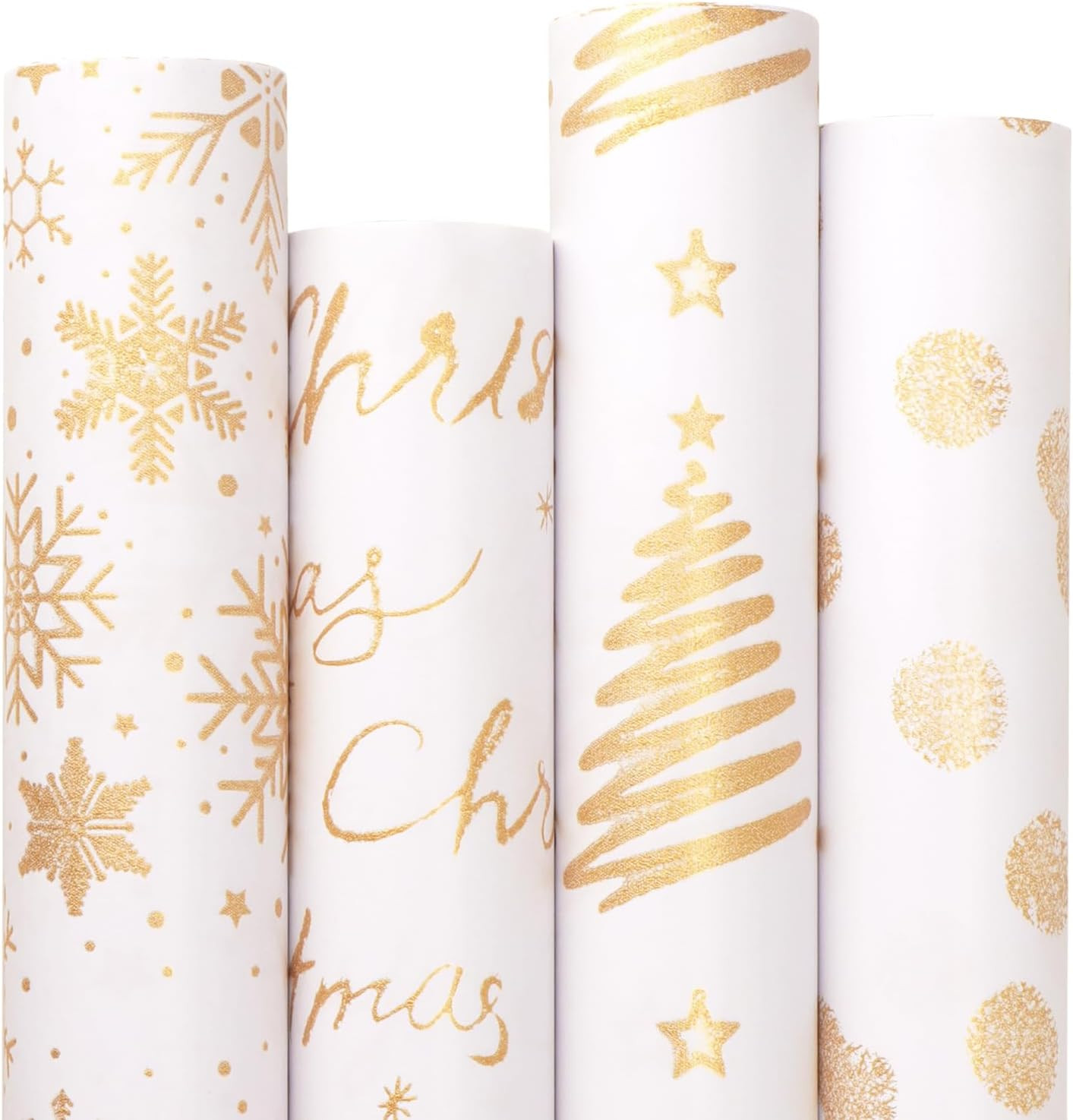 Ribbli White Gold Merry Christmas Wrapping Paper 4 Rolls Snowflake Merry Christmas Tree Pattern with Glitter Gold - 30 Inch x 10 Feet Per roll | Amazon (US)