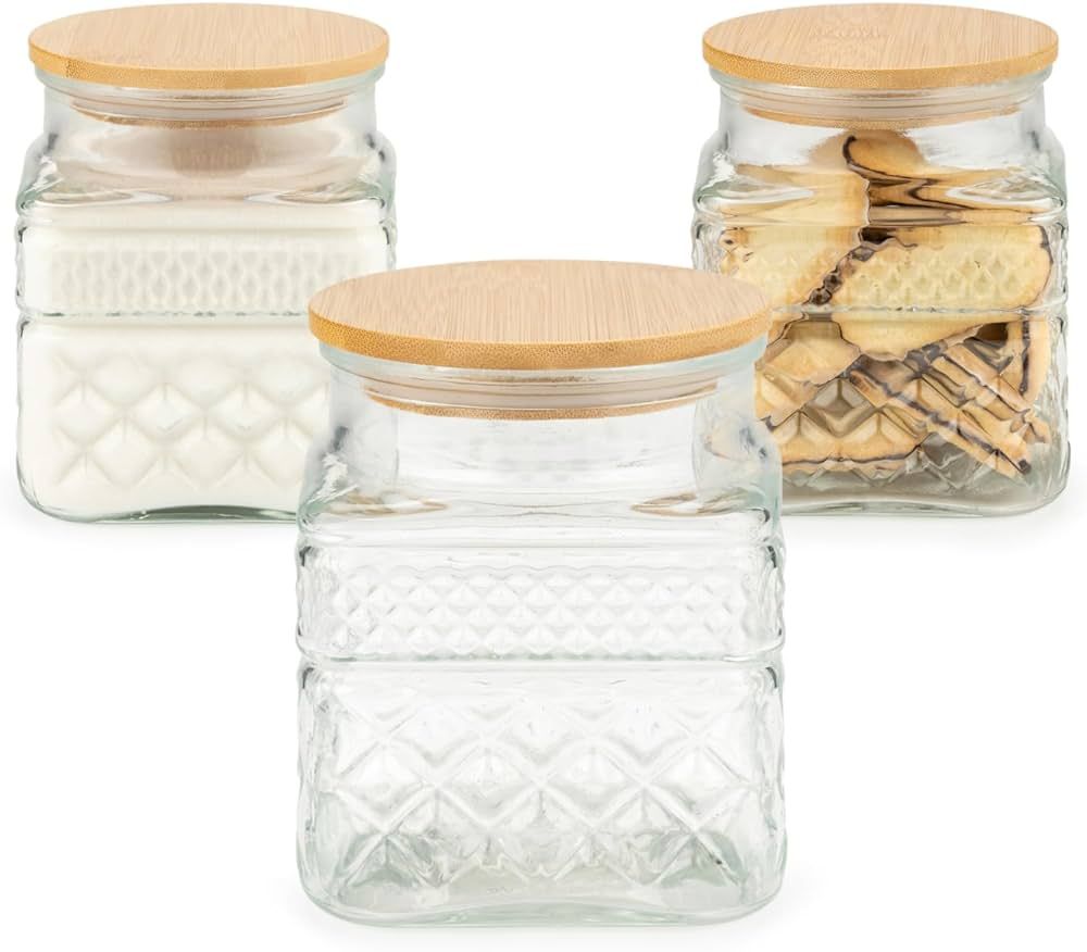 38 Ounce Square Glass Jar with Bamboo Lid - Kitchen Decorative Glass Jars with Vintage Diamond Pa... | Amazon (US)