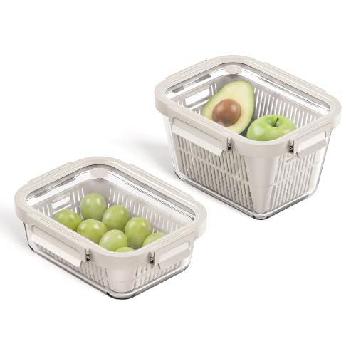 GENICOOK Glass Fruit Storage Containers for Fridge, 2 Pack Produce Containers with Removable Colanders & Vent Glass Lids, Airtight Fruit & Vegetable Storage, BPA Free Borosilicate Glass | Amazon (US)