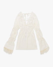 Tiered Feather Sleeve Satin Charmeuse Rhinestone Mini Dress | We Wore What