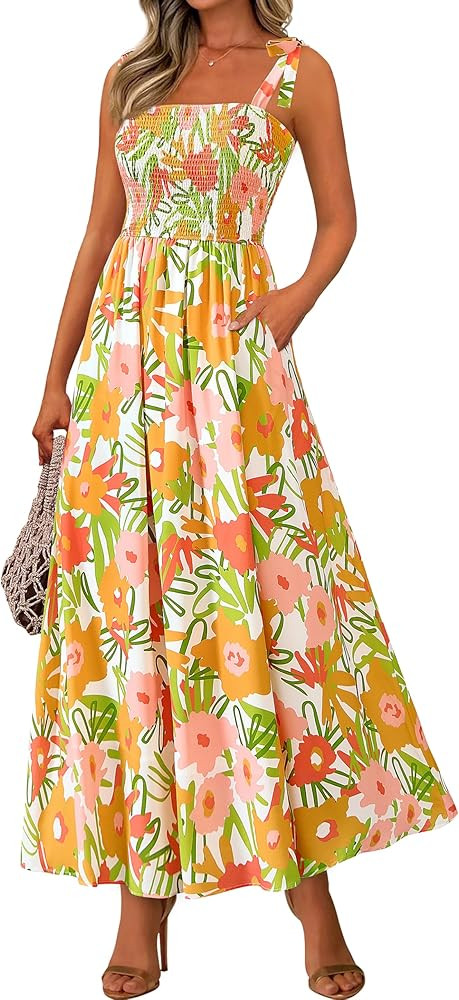 PRETTYGARDEN Womens Summer Dresses Floral Sleeveless Smocked Maxi Dress Boho Spaghetti Strap A Li... | Amazon (US)