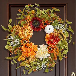 Fall Wreaths for Front Door, Soomeir Artificial Autumn Wreath with Peonies Sunflowers Pumpkin Ber... | Amazon (US)