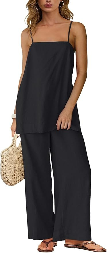 Dokuritu Linen Sets for Women 2 Piece Summer Spaghetti Strap Top Wide Leg Pant Set Beach Vacation... | Amazon (US)