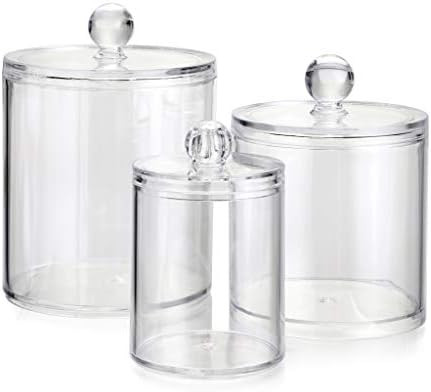 Hipiwe Set of 3 Cotton Ball and Swab Organizer with Lid - Apothecary Acrylic Jar Makeup Cotton Organ | Amazon (US)
