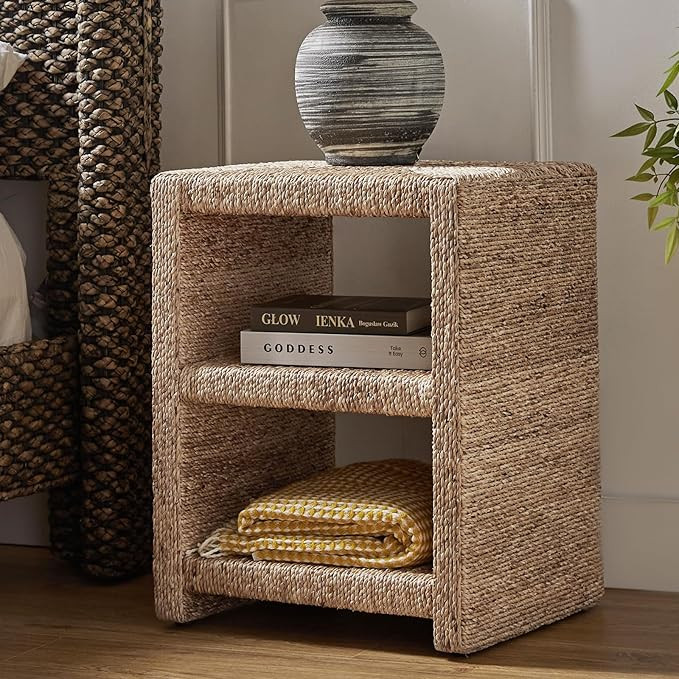 HULALA HOME Rattan Nightstand with Two Open Shelves, Seagrass Side Table Coastal Style, End Table... | Amazon (US)