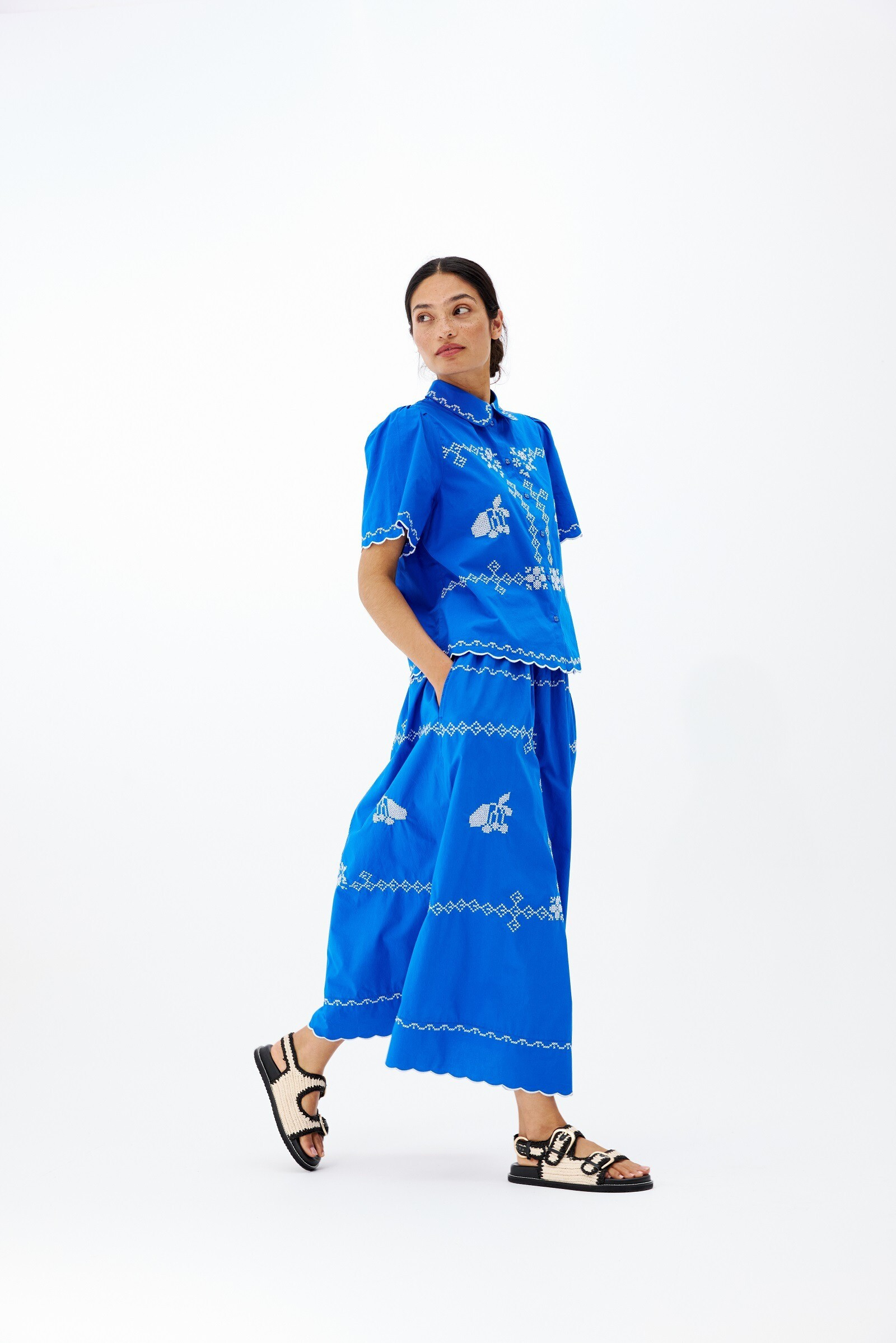 Cobalt Blue Cross Stitch Cotton Midi Skirt | Oliver Bonas | Oliver Bonas (Global)