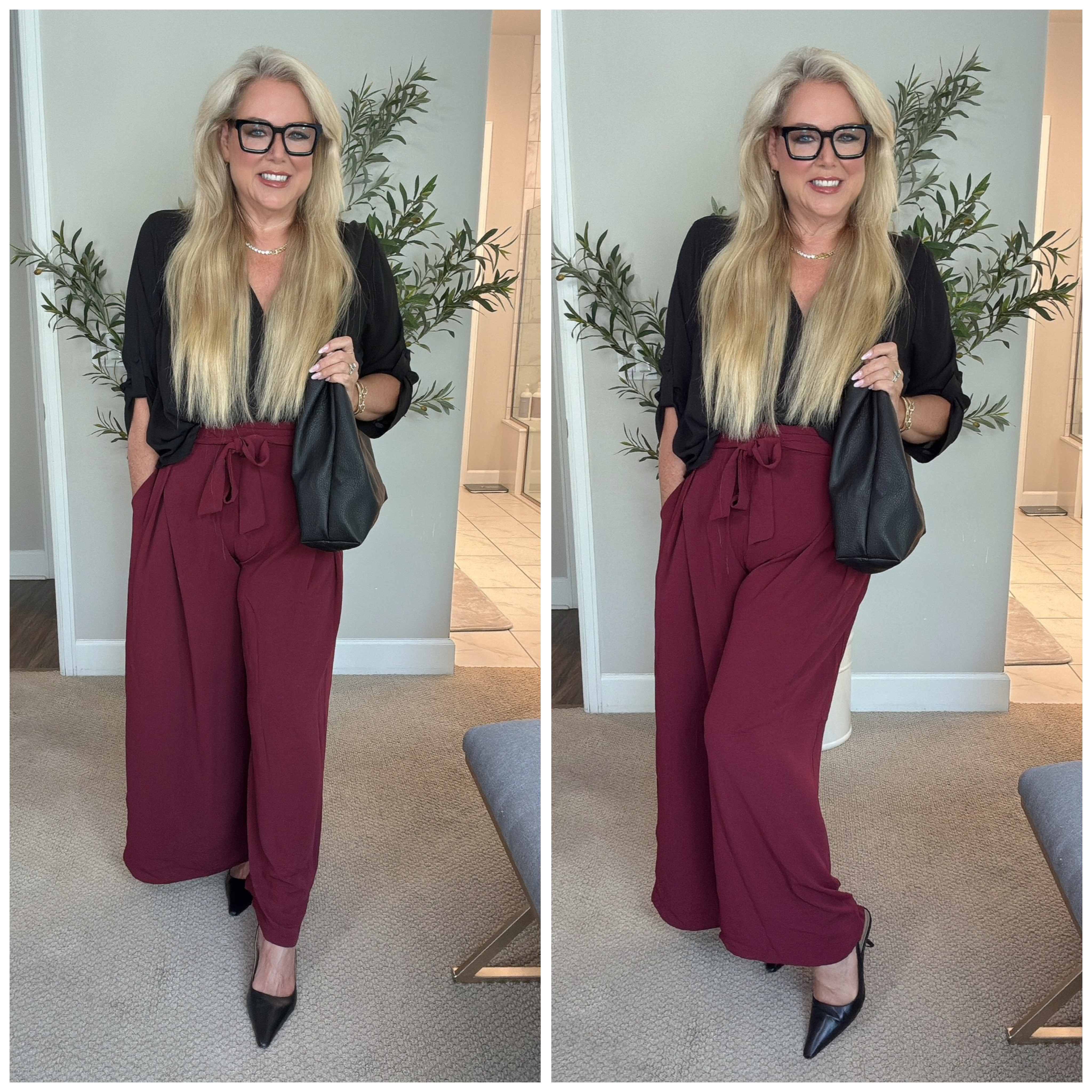 ✨ Loving these deep red wine–colored flowy dress pants (M) for a classic yet comfortable office look! 🍷✨ They drape beautifully, feel effortless, and are chic enough to go from desk to dinner. I paired them with a sleek black Harper (0) button-down and my favorite kitten heels for that timeless office vibe. Classic, polished, and oh-so-comfortable. 

#LTKStyle #OfficeChic #WorkwearGoals #WineRedStyle #ClassicAndComfortable #KittenHeels #HarperButtonDown #ChicAndTimeless 

 #LTKOver40 #LTKMidsize #LTKWorkwear