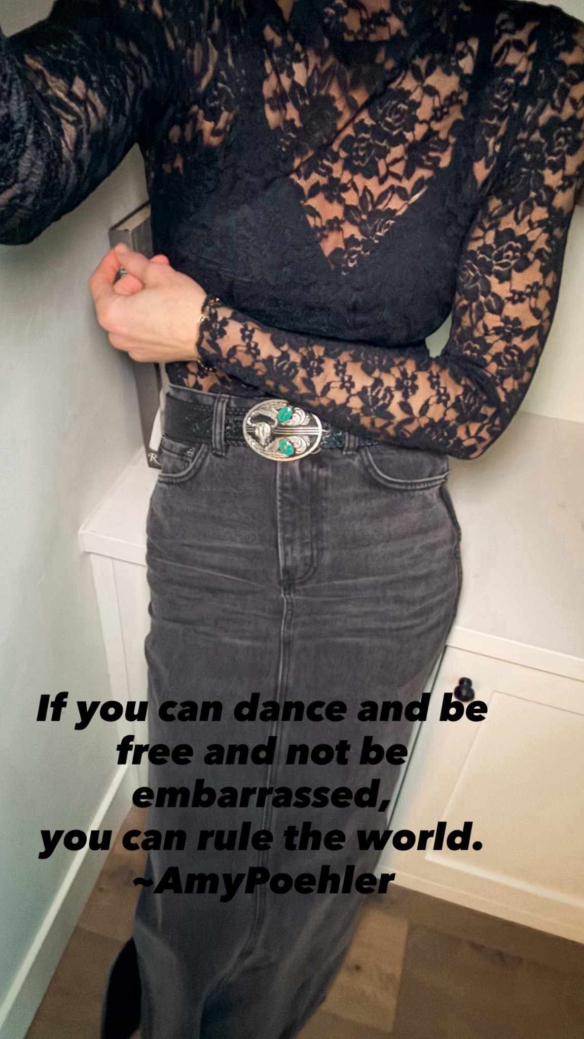 All black going out look— perfect for a country concert or line dancing. Love this lace top for a date night too. 
Skirt is old, but linked similar!
Buckle is vintage, but found similar with turquoise .

#LTKOver40 #LTKfitnessgoals #LTKgrwm