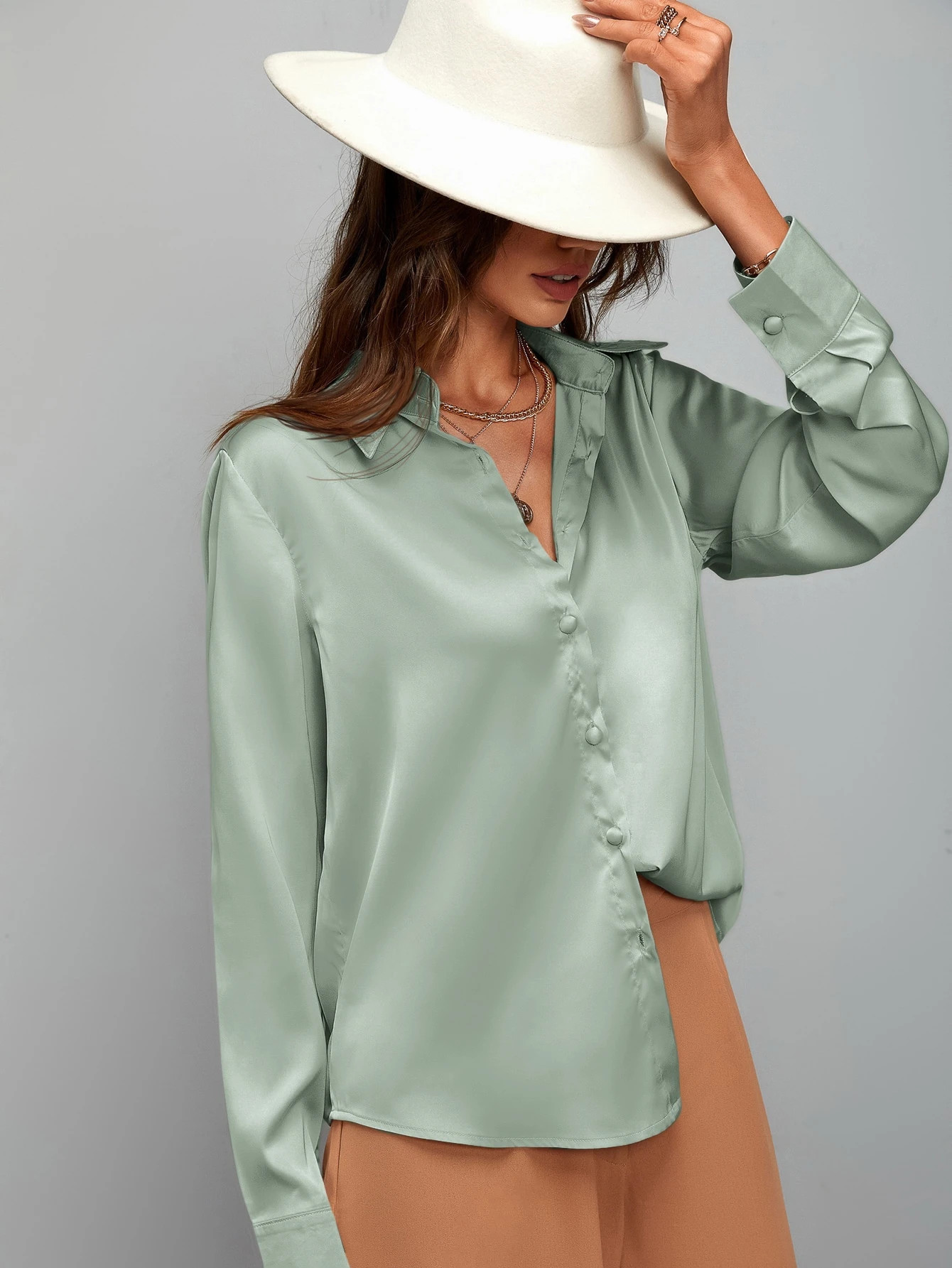 Satin Solid Button Up Blouse | SHEIN