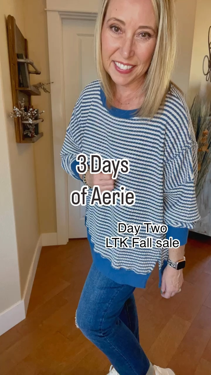 Aerie has the most cozy comfortable clothes! I adore their sweatshirts, flannels and leggings! 

Love the stripes contrasted with the solid cuff at neckline, wrists, and hemline. Split for additional comfort and movement. Oversized boxy fit. This color is 🫶🏻👌🏻Also comes in tan and white stripes as well as 6 solid colors 

Jeans are straight cut with with absolution waist from Wit & Wisdom (Nordstrom brand).

Comfy platform white sneakers and puff crossbody slingbag. 

Currently part of LTK Fall Sale. Shop through my link for savings 

#LTKFallSale #LTKShoeCrush #LTKSaleAlert