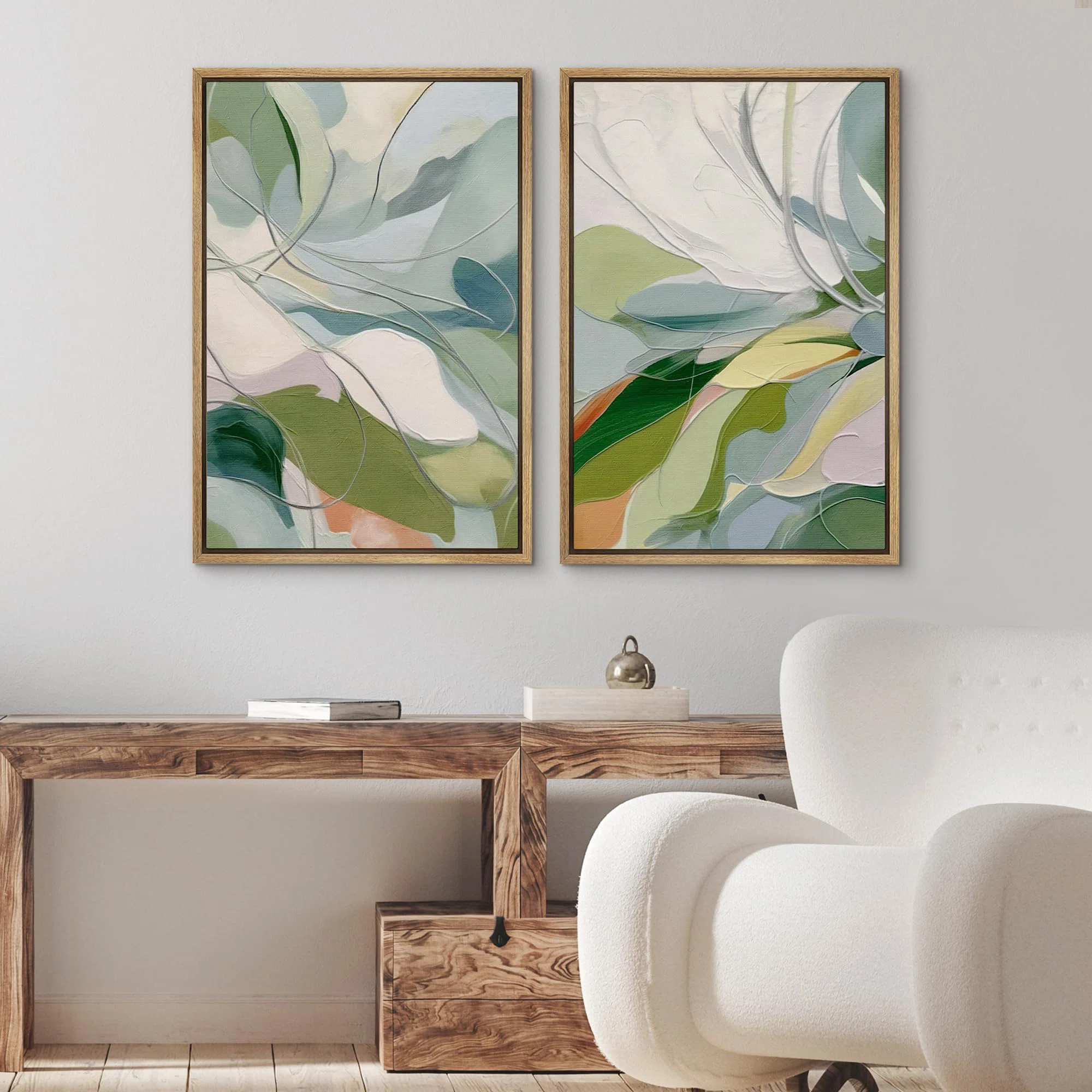 Green Calm Relax Abstract Floral Botanical - Framed Canvas Master Bedroom Wall Art 2 Pieces Print | Wayfair North America