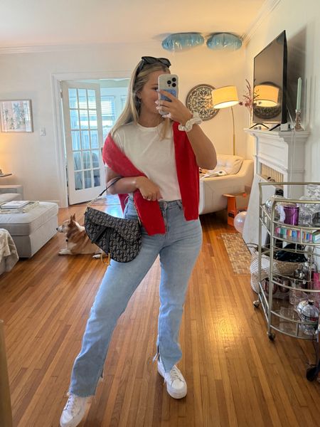 Coffee date outfit — white t-shirt, light denim, red cardigan, hoop earrings + simple gold jewelry, white Nike sneakers, and bag borrowed from Vivrelle — code EMILYCROSLIN to skip the line ❤️

#LTKshoecrush #LTKstyletip #LTKfindsunder100