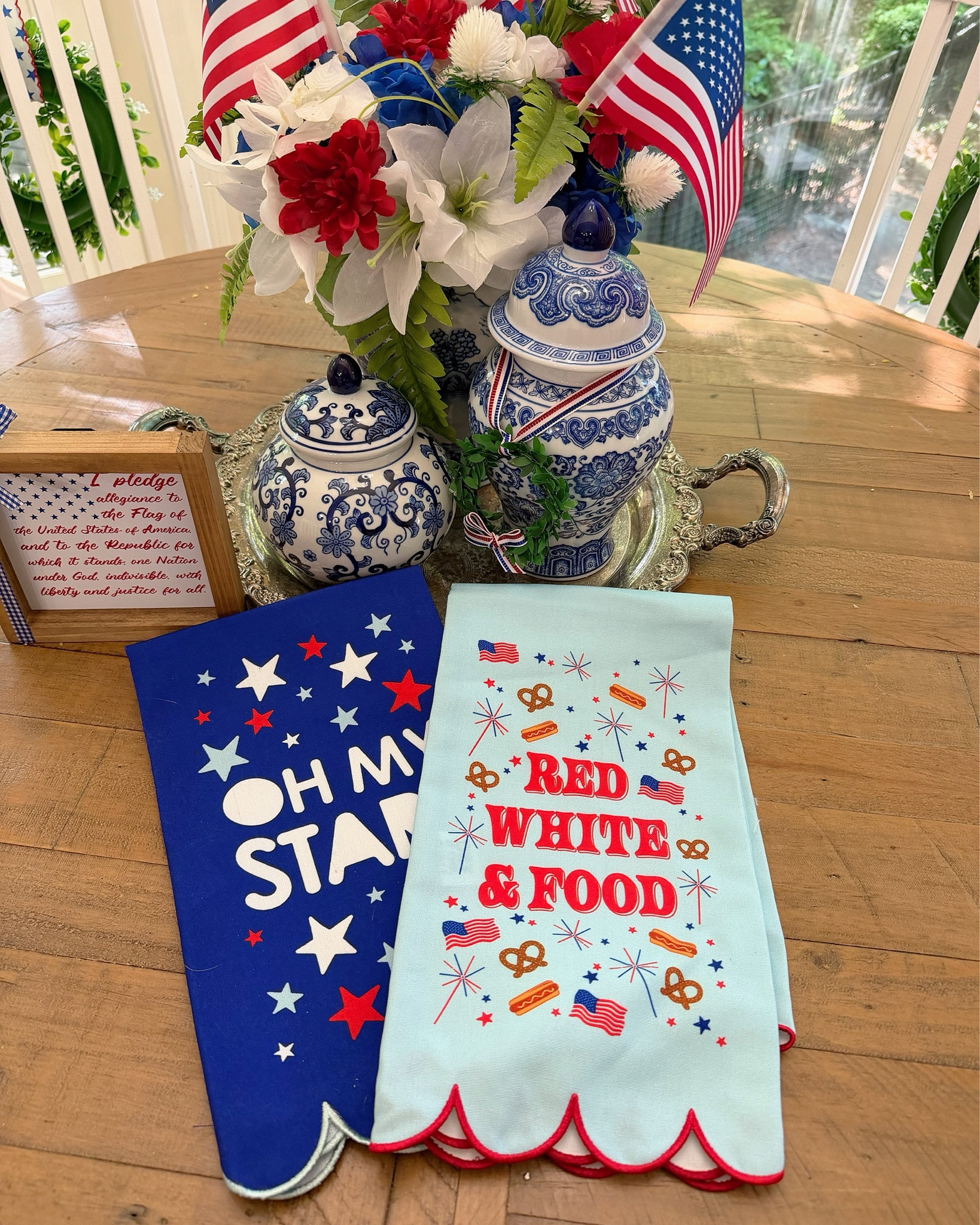 Patriotic Tablescape + Preppy Kitchen Decor 🇺🇸💙


The cutest red, white & blue kitchen moment 🇺🇸✨ These reusable patriotic tea towels are such a fun way to style your space for summer hosting—love the playful “red, white & food” print paired with the classic “oh my stars” design ❤️💙

Styled with blue & white ginger jars, a festive floral arrangement, and mini American flags for that timeless, preppy tablescape look 🌿 Perfect for Memorial Day, Fourth of July, and all your summer gatherings!

patriotic kitchen decor, 4th of july tablescape, red white and blue decor, summer hosting ideas, preppy home decor, chinoiserie style, blue and white ginger jars, festive kitchen towels, americana decor, grandmillennial style 🇺🇸💕

#LTKHome #LTKmomlife #LTKfoodie