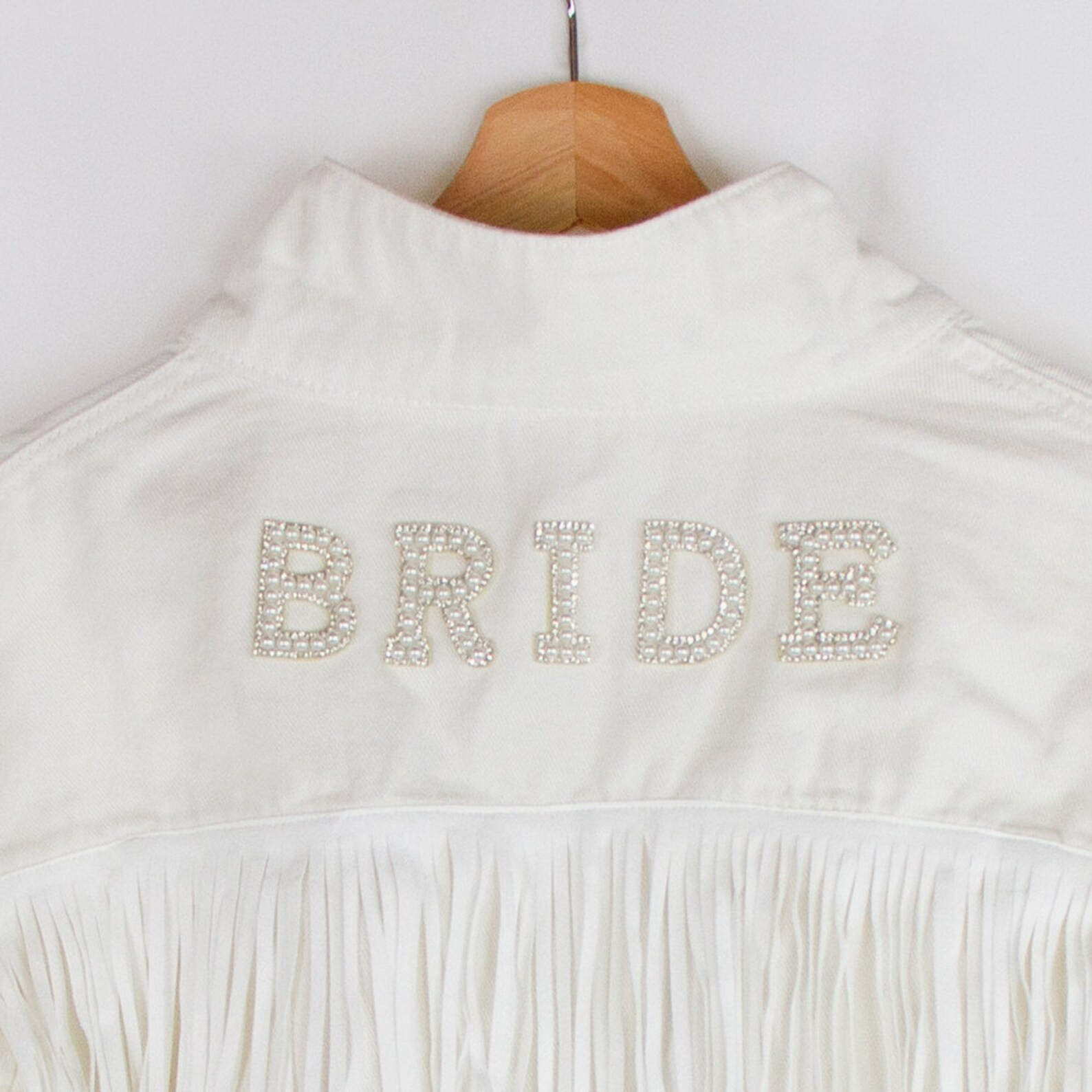 White Fringe Bride Pearl Patch Denim Jacket, Custom Bride Pearl Denim Jacket, Custom Bachelorette... | Etsy (US)