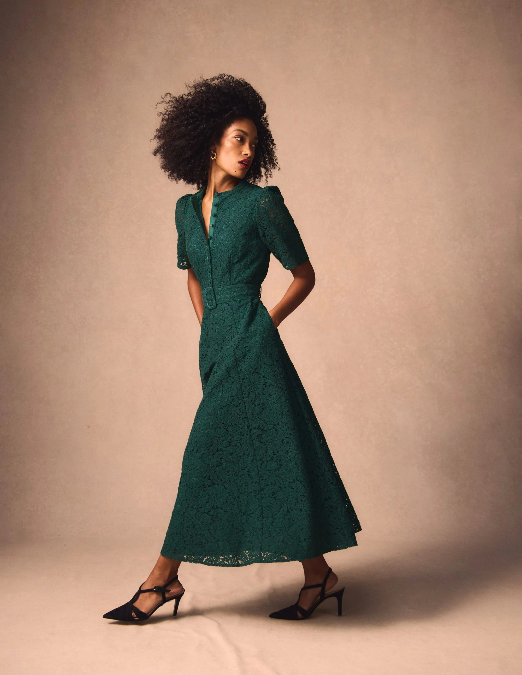 Kate Puff Sleeve Lace Dress-Dark Green | Boden UK