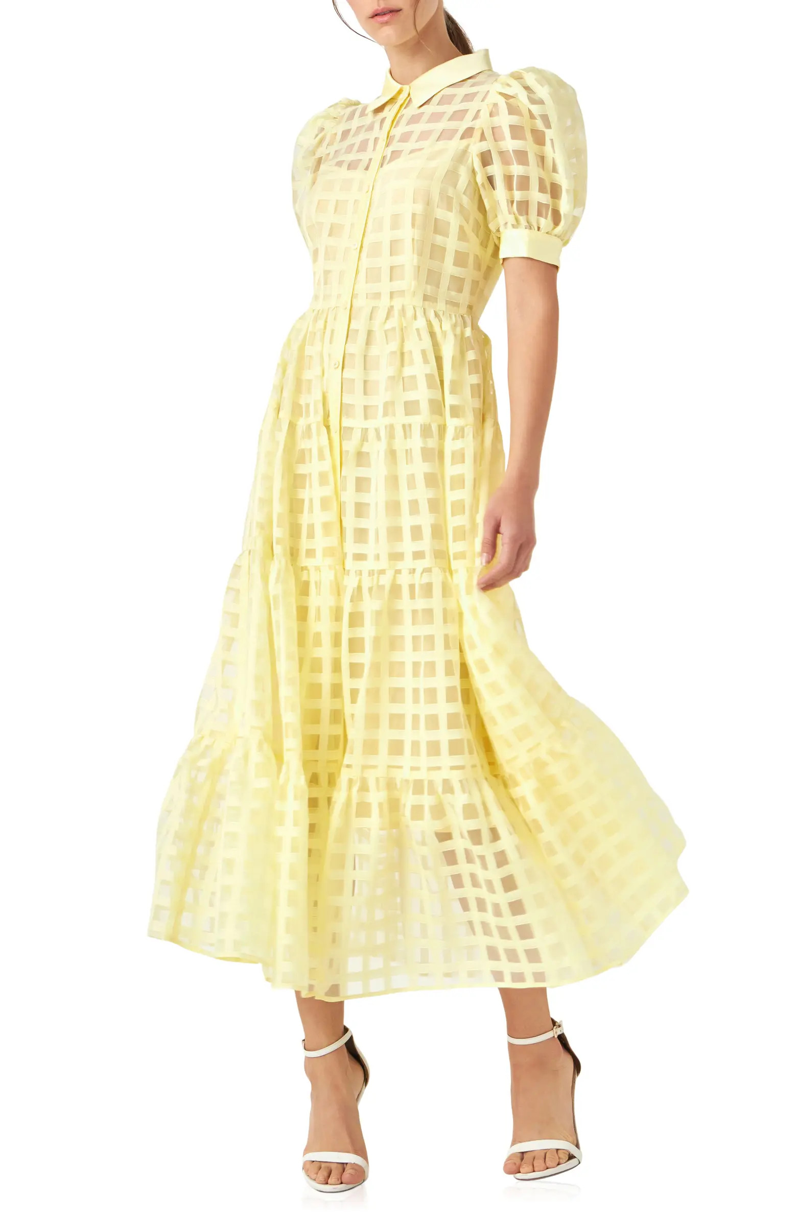 Grid Pattern Tiered Midi Shirtdress | Nordstrom