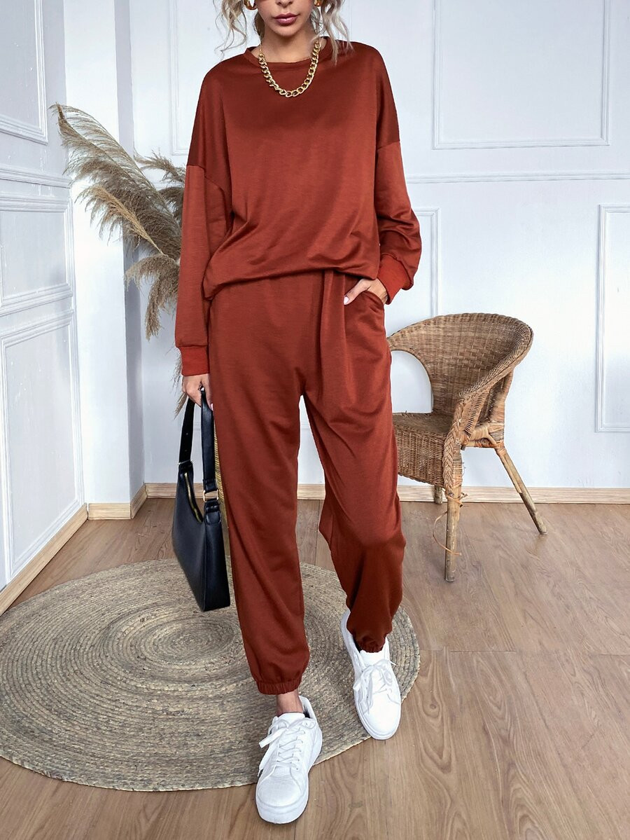 Solid Drop Shoulder Sweatshirt With Joggers | SHEIN