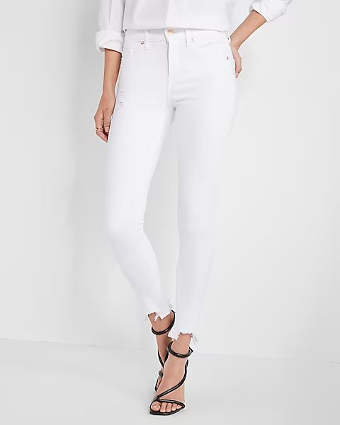 Mid Rise White Distressed Hem Skinny Jeans | Express