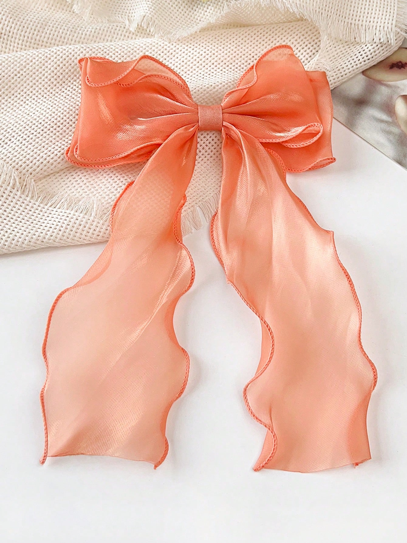 1pc Orange Mesh Big Bowknot With Wave Tails Spring Elegant And Soft Half Up Spring Hair Clip | SH... | SHEIN