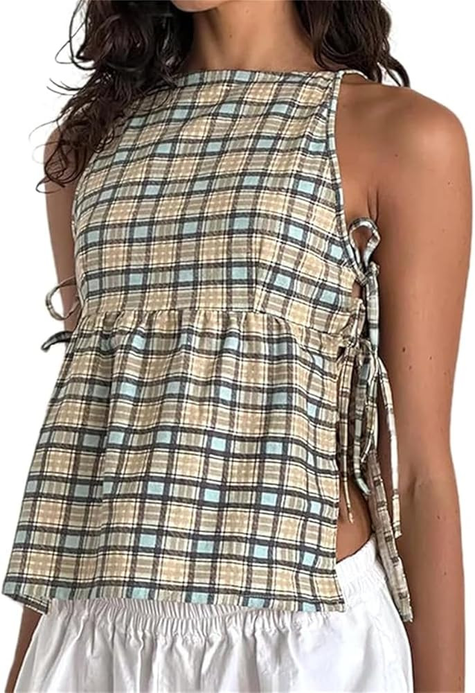Women Tie Side Tank Top Sleeveless Split Peplum Coquette Shirt Plaid Trendy Going Out Summer Tops... | Amazon (US)