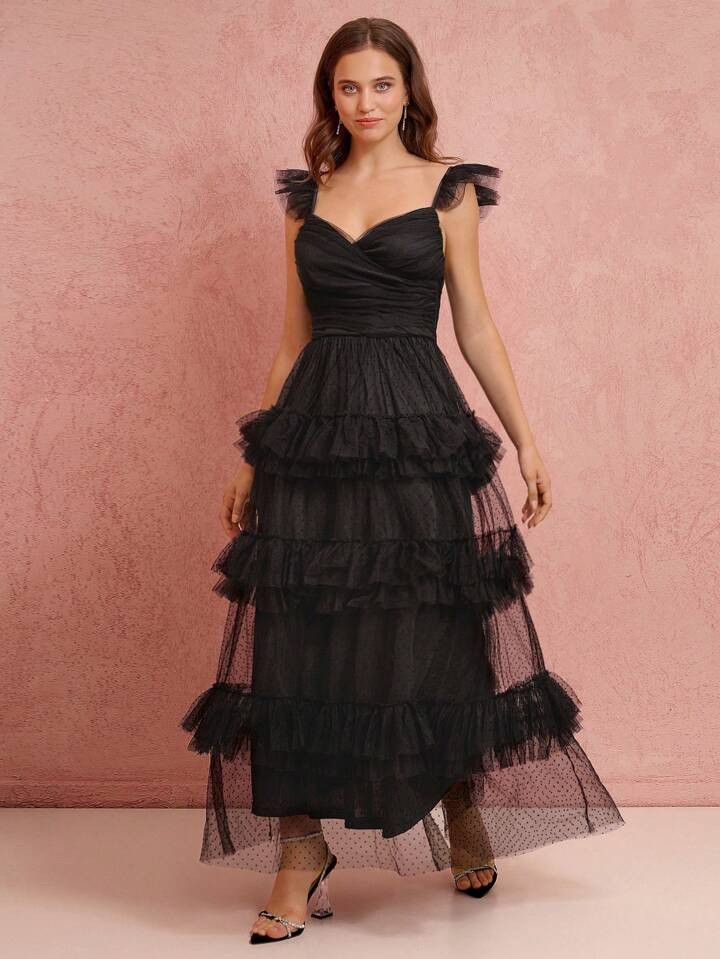 Enchnt Romantic Fall  Elegant Black Ruffle Hem Long Mesh Dress, Date Night Princess Dress For Par... | SHEIN