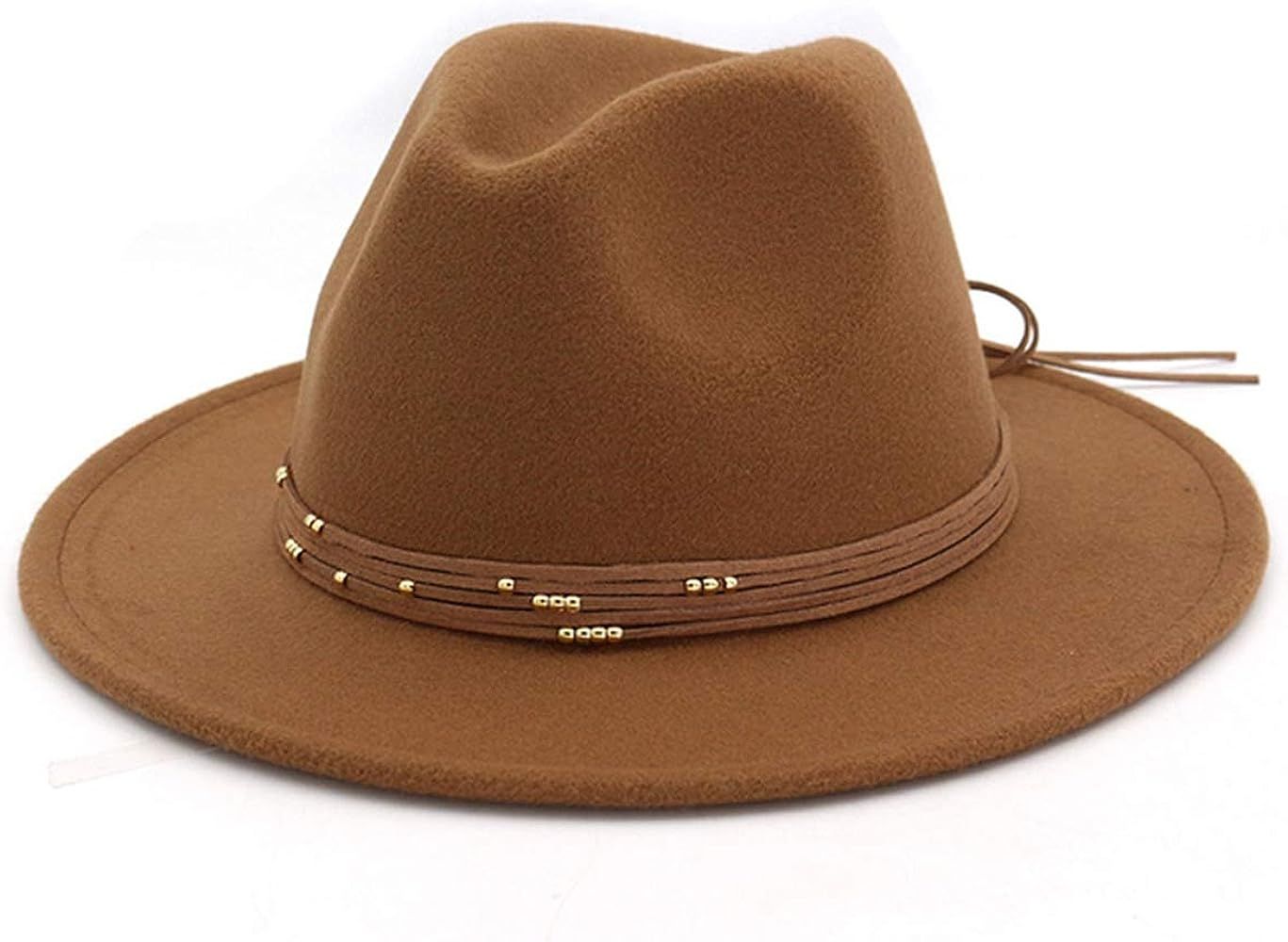 Fashion Wide Flat Brim Wool Felt Fedoras Hats with Ribbon Band Jazz Trilby Formal top Panama Cap ... | Amazon (US)