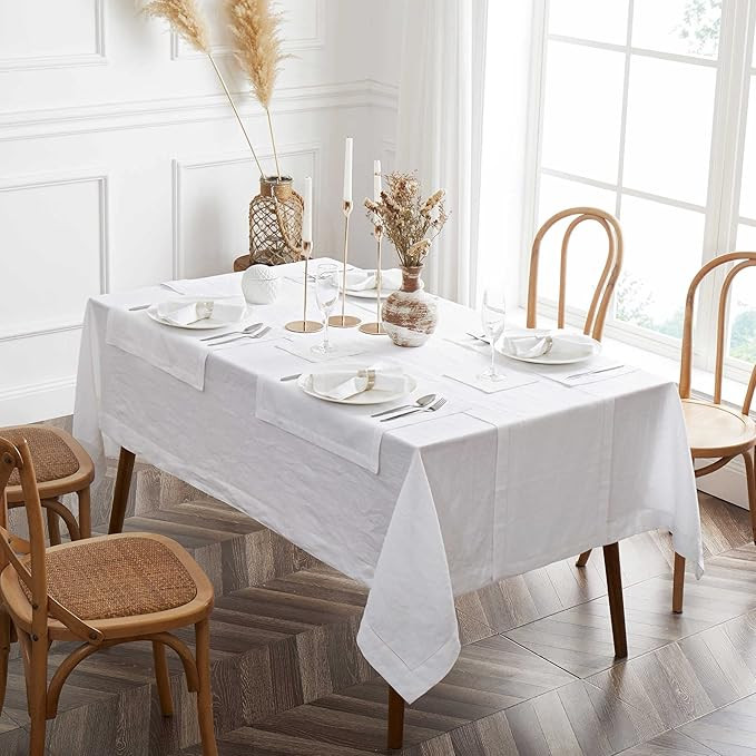 Home Linen Tablecloth Hemstitch - 60 x 84 Inch Rectamgle Fabric Washable Cloth Table Cover Farmho... | Amazon (US)
