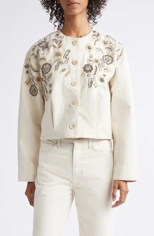 Veronica Beard Emeren Embroidered Collarless Cotton Jacket in Ecru at Nordstrom, Size Large | Nordstrom