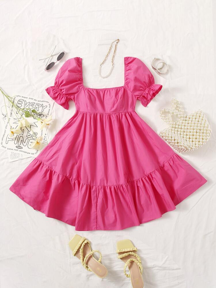 SHEIN VCAY Square Neck Puff Sleeve Ruffle Hem Dress | SHEIN
